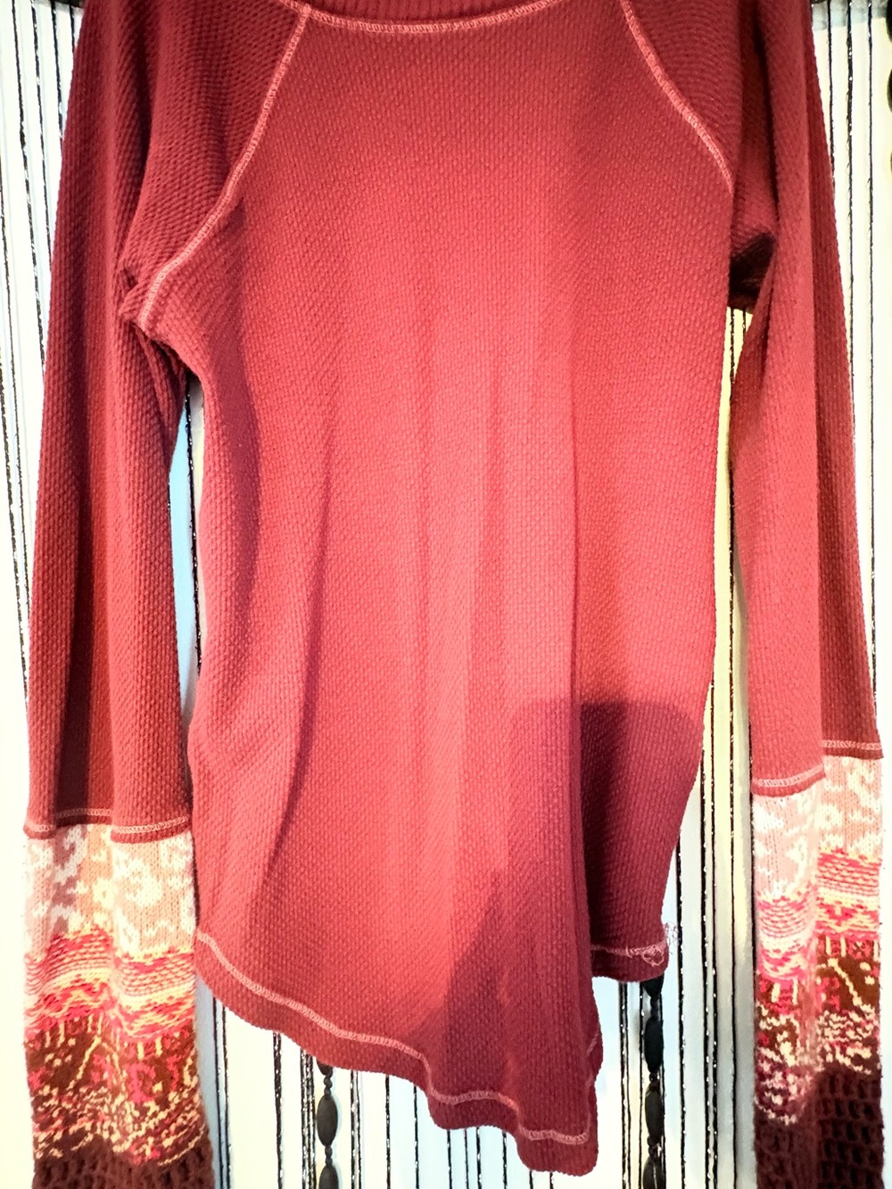 Women’s Long-Sleeve Thermal Top in burgundy color with Patterned Cuffs